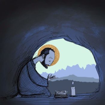 Illustration of St. Ignatius praying in a cave with a bible and candle